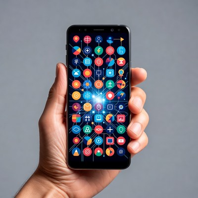 Man holding smartphone with app icons