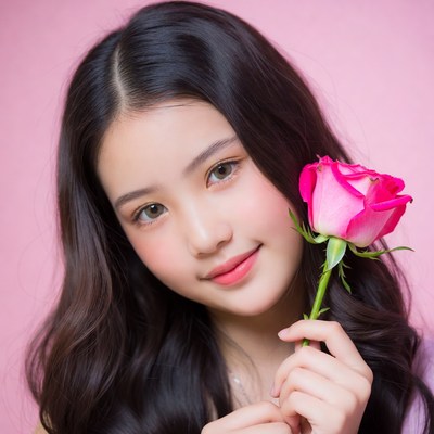 Asian girl holding pink rose