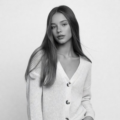 Young woman in white cardigan