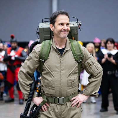 Man cosplaying as Ghostbuster