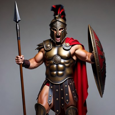 Muscular Spartan warrior with spear and shield