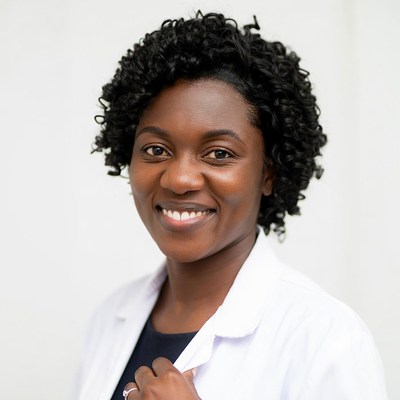 Smiling African-American woman in white coat