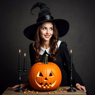Woman in witch hat with jack-o-lantern