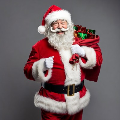 Smiling Santa Claus holding gift sack