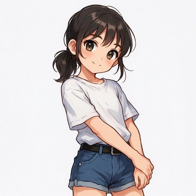 Anime girl in white shirt and denim shorts