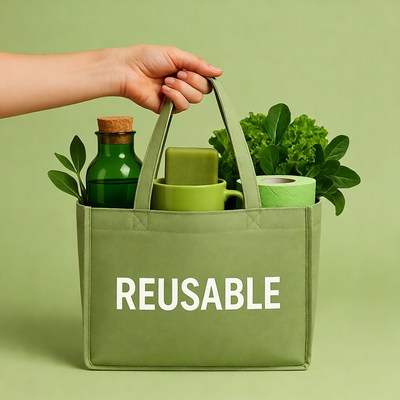Woman holding reusable green tote bag