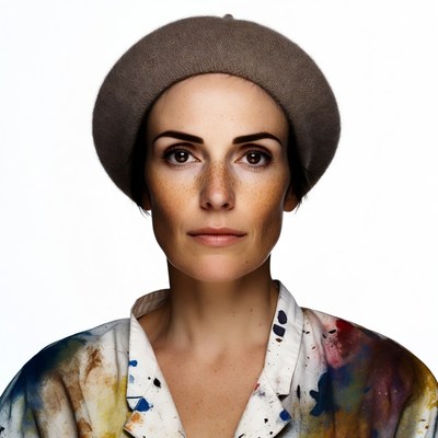Woman with beret and paint-splattered shirt