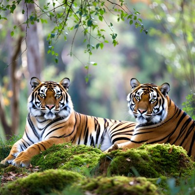 Two Tigers Resting in Forest