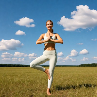 Woman doing tree pose yoga outdoors