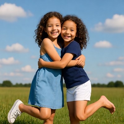 Twin African-American girls hugging outdoors