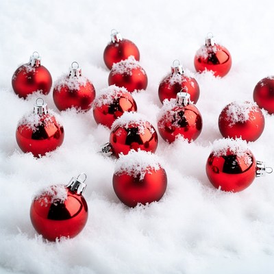 Red Christmas Baubles in Snow