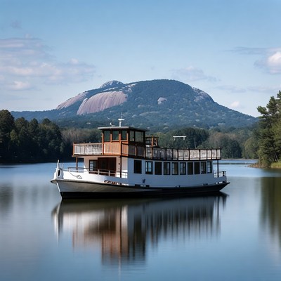 White houseboat on lake with Stone Mountain