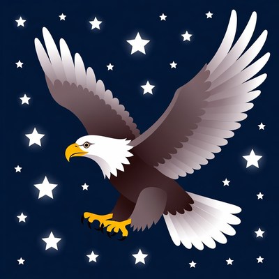 Bald eagle flying with stars