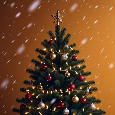 Christmas tree with gold star and snow