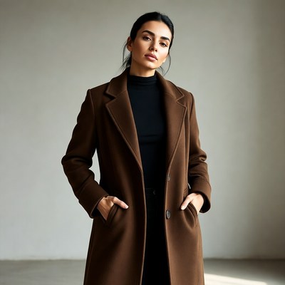 Woman in brown coat with hands in pockets