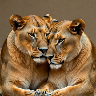 Two lions nuzzling affectionately