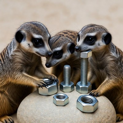 Meerkats playing with nuts and bolts