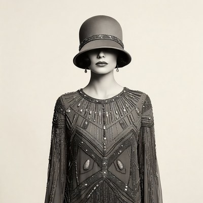 Woman in Beaded Flapper Dress and Cloche Hat