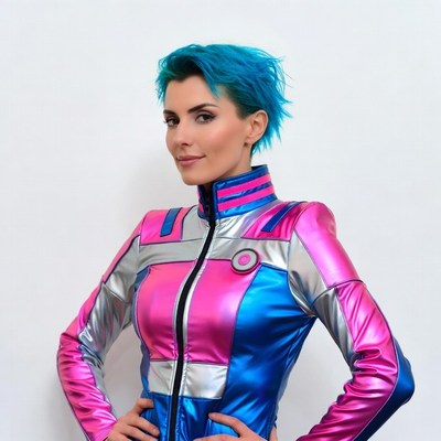 Woman in pink blue futuristic jacket