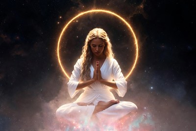Blonde woman meditating in golden halo
