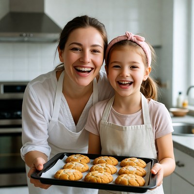 Mother and daughter holding fresh cookies