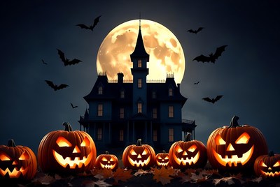 Haunted Mansion with Jack-o-Lanterns and Bats