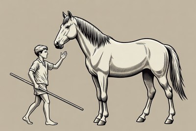 Boy greeting horse illustration