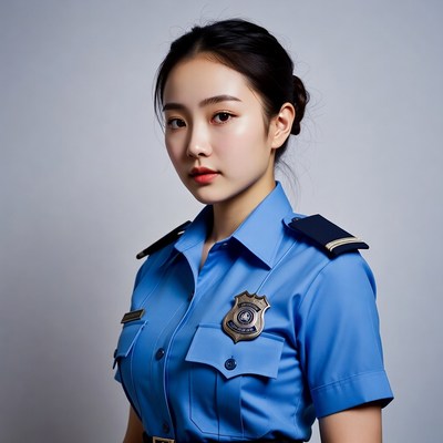 Asian woman in blue police uniform