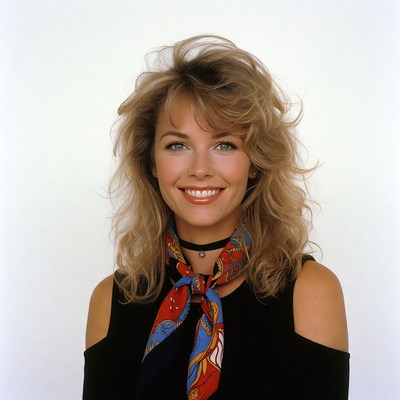 Blonde woman smiling with colorful scarf