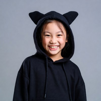 Asian girl in black cat ear hoodie
