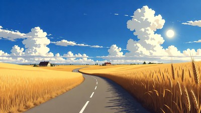 Winding road through golden wheat fields