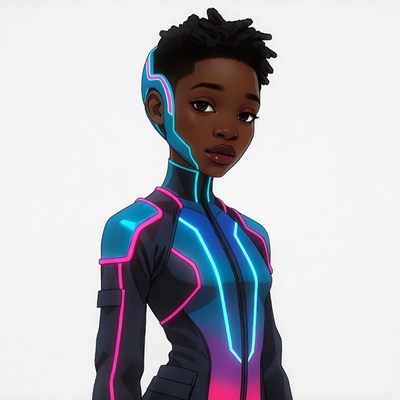 African-American woman in neon cyber suit
