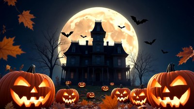 Haunted House with Jack-o-Lanterns and Full Moon