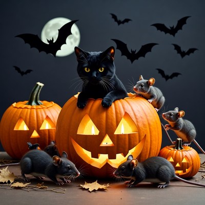 Black Cat in Jack-o-Lantern with Mice