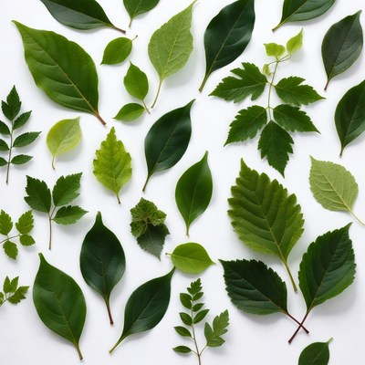 Assortment of green leaves on white