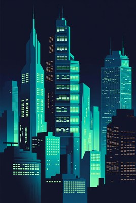 Neon Glowing Skyscrapers Cityscape