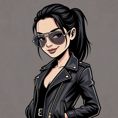 Woman in leather jacket with sunglasses