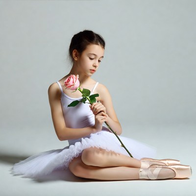 Girl ballerina holding pink rose