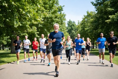 Group of runners jogging on park path