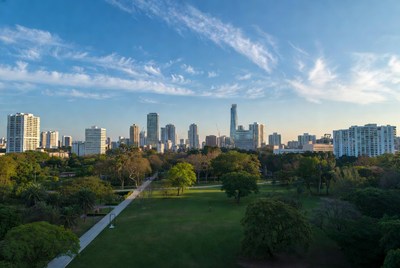 Aerial View of City Skyline and Park