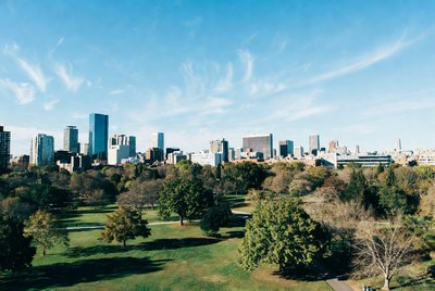 City skyline over autumn park