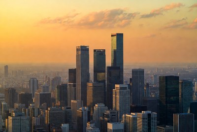 Sunset over city skyline