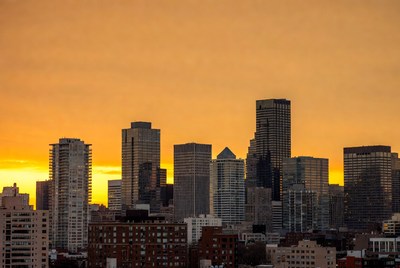 City skyline at sunset