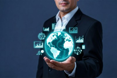 Man holding glowing world with charts