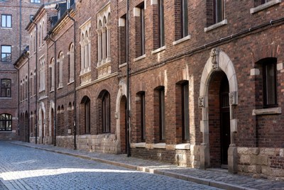 Historic Brick Buildings on Cobblestone Street