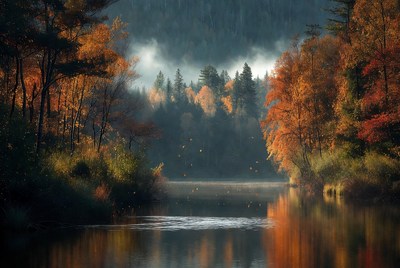 Autumn Forest Lake with Fog and Falling Leaves
