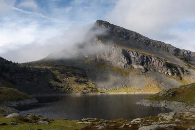 Mountain Lake with Misty Peak