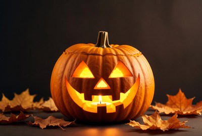 Lit Jack-o'-lantern with fall leaves