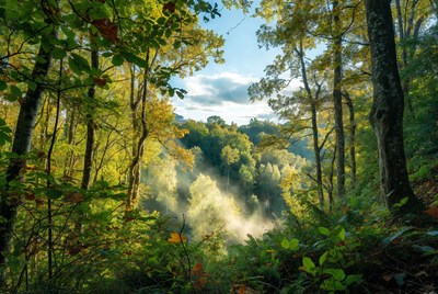 Autumn Forest with Sunlight and Fog