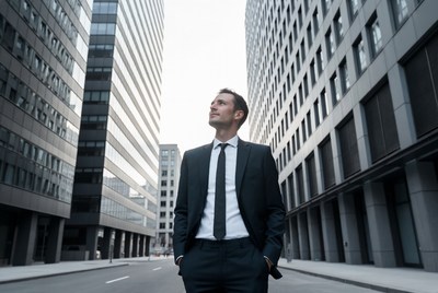 Businessman looking up in city street